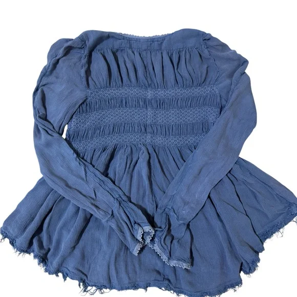 Free People Indigo Smocked Button-Front Peasant Blouse - Picture 5 of 7